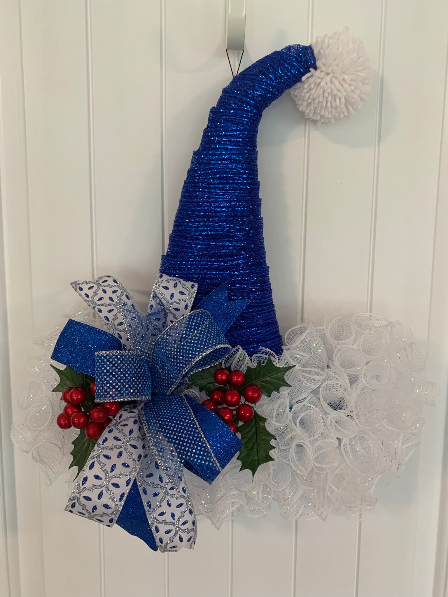 Christmas Santa Hat Blue Mesh Wreath