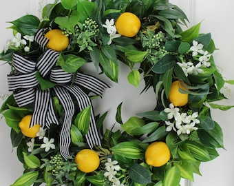 22&quot; Lemon Wreath, Wreath for front door, Lemons and White Flowers, Spring Wreath