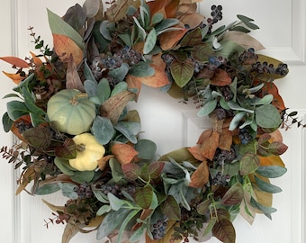 Fall Wreath for Front Door, Fall Foliage, Berries, and Pumpkins