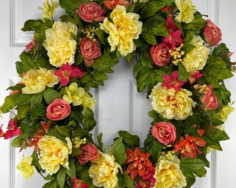 Summer Wreath for Front Door, Yellow & Orange Ranunculus, Peony and Dahlia Flowers