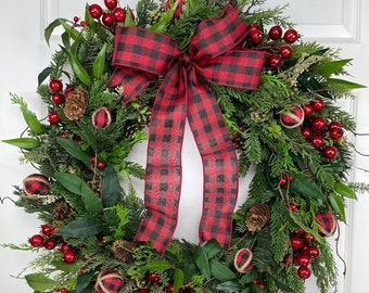 Christmas Wreath Buffalo Plaid, Pine, Cedar, Red Berries and Pine Cones.