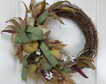Corona de otoño, corona de calabaza de otoño, corona de hojas de otoño, lazo verde/marrón de otoño
