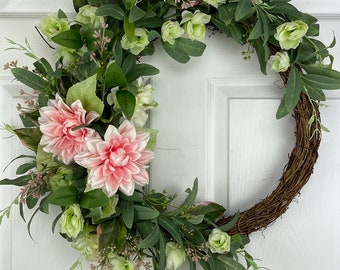 Pink Flowers Wreath for Front Door, Summer Wreath, Pink Dahlias