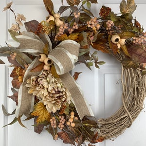 Fall Wreath for Front Door, Creams & Browns, Fall Foliage, Berries, and Bow