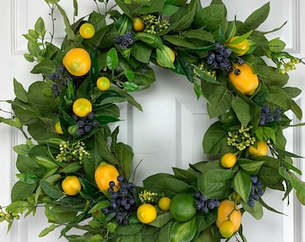 20-22&quot; Lemon & Blueberry Wreath for Front Door, Every Day, Year-Round, Spring, Summer