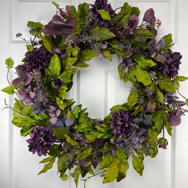 Purple Dahlia Wreath for Front Door, Everyday, Year Round Wreath