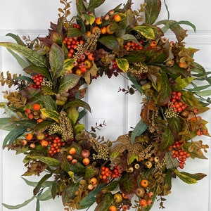 Fall Wreath For Front Door, Fall Foliage and Berries 24&quot;