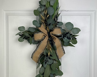 Cross Wreath For Front Door, Easter Wreath, Eucalyptus and Berry Cross Door Hanger