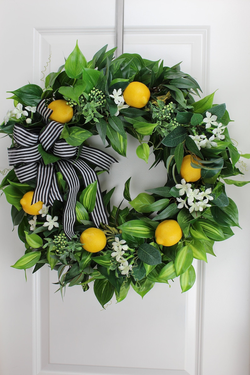 24-25" Lemon Wreath for Front Door, Lemons and White Flowers, Spring ...