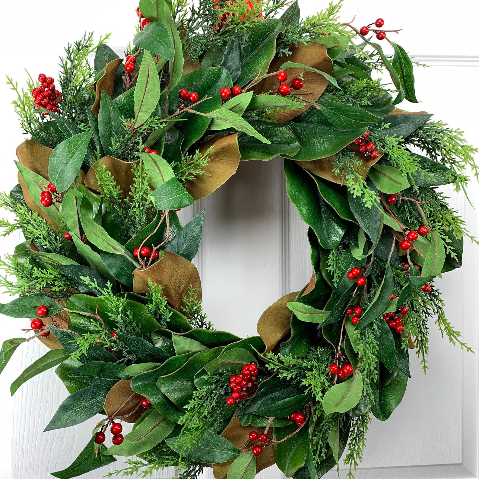 Magnolia Christmas Wreath Magnolia Leaves Cedar and Red Etsy