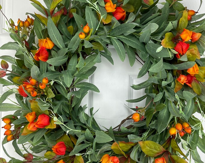 Sage Green Olive and Orange Flowers Wreath for Front Door Etsy