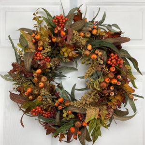 Fall Wreath For Front Door, Fall Foliage and Berries