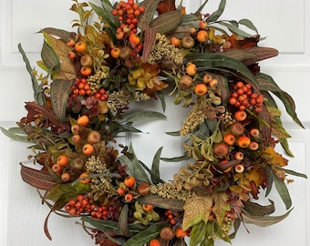 Fall Wreath For Front Door, Fall Foliage and Berries