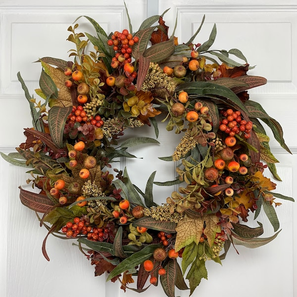 Fall Wreath For Front Door, Fall Foliage and Berries