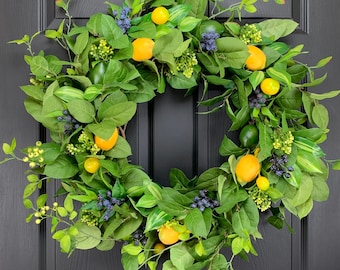 25-26&quot; Lemon & Blueberry Wreath for Front Door, Every Day, Year-Round, Spring, Summer
