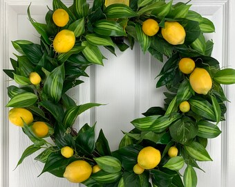 Corona de primavera para la puerta principal, corona de limón con cinta amarilla