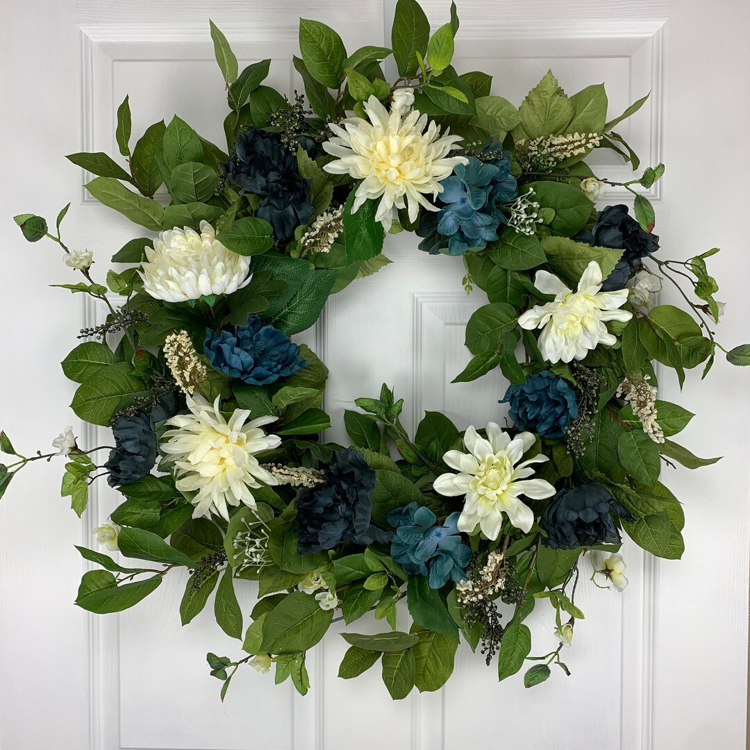 Summer Wreath for Front Door, Blue and Cream Flowers - Etsy