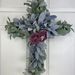 Cross Wreath For Front Door, Easter Wreath, Lamb&#39;s Ear and Rose Cross Door Hanger