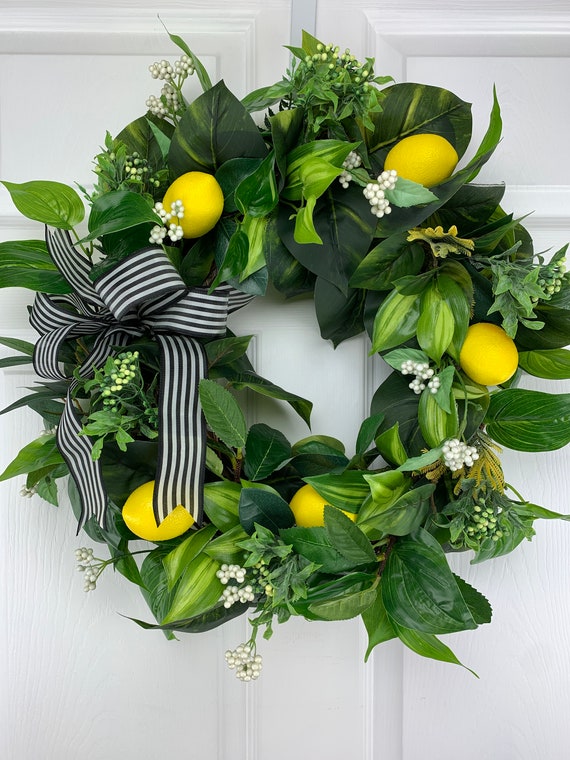 20" Lemon Wreath, Wreath for front door, Lemons and White Flowers, Spring Wreath