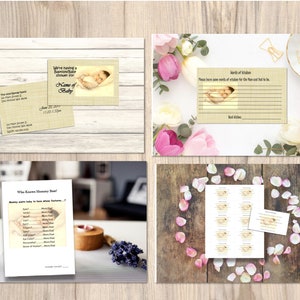 Juego de invitacion Bautizo/Fiesta de Bebe, tarjeta de consejos, Quién conoce a mamá mejor y Pedida de libros Antigua - Digital Imprimible