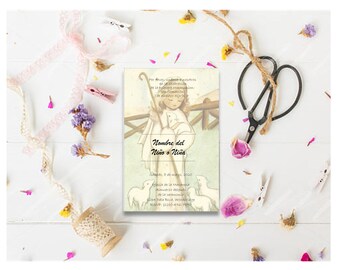 First Communion/Confirmation Invitation Card Vintage "Girl with lambs" in Spanish Customizable - Printable Digital Download