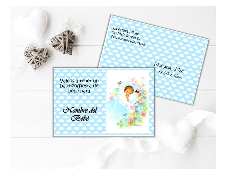 Printable Digital Download Baby Sleeping in Cloud BaptismBaby Shower Invitation Card Customizable in Spanish
