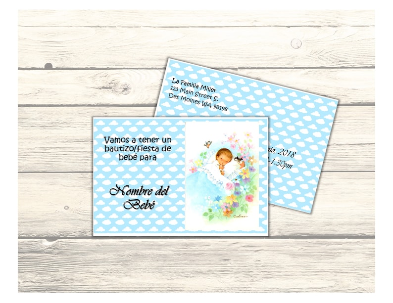 Printable Digital Download Baby Sleeping in Cloud BaptismBaby Shower Invitation Card Customizable in Spanish