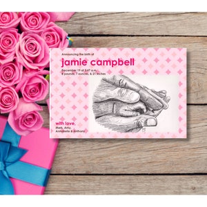 Biglietto di annuncio di nascita (rosa) personalizzabile - Download digitale stampabile