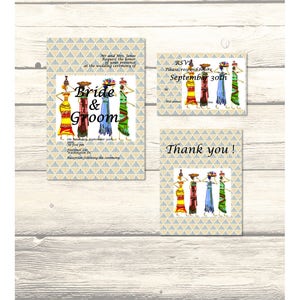 Set di inviti di nozze dal design tribale africano, RSVP e biglietti di ringraziamento personalizzabili - Download digitale stampabile