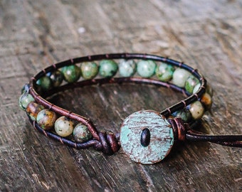 African Turquoise Beaded Bracelet: Unisex Leather Wrap Bracelet