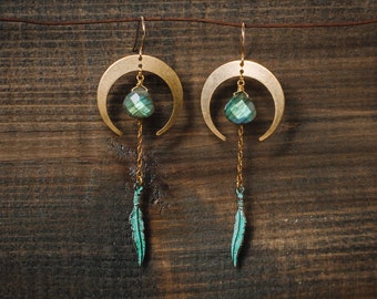 Labradorite Crescent Moon Earrings: Boho Feather Dangle Earrings