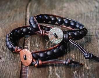 Black Onyx Beaded Wrap Bracelet: Leather Cord, Copper Button