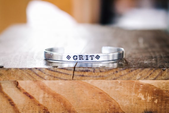 Grit Metal Stamped Cuff Bracelet: Aluminum Mantra Bangle