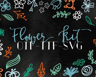 OTF TTF FONT Hand Drawn Flowers Hand Lettered Embellishments Clip Art For Svg's Designer Elements Typeface Dingbat Symbols Commercial Use