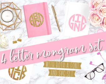 4 Letter, Monogram, SVG, Initial, Round, Font, Kit, Cricut, Silhouette, Cutting File, Commercial, OTF, Download, Alphabet, Bundle, Letters