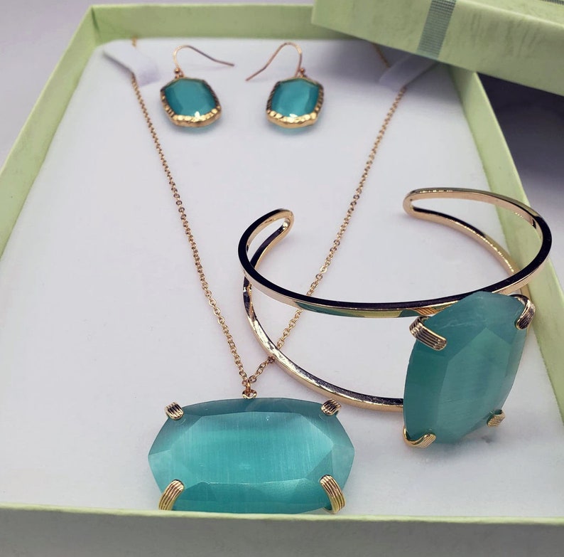 Mint Hexagon Stone Necklace Earring and Cuff Jewelry Set