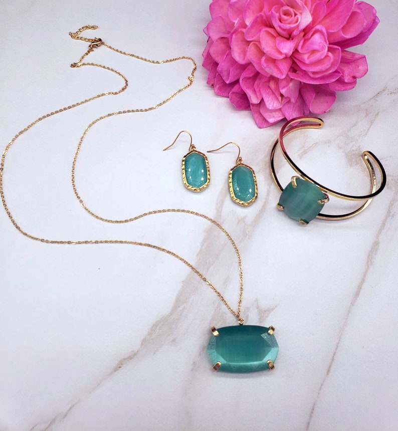Mint Hexagon Stone Necklace Earring and Cuff Jewelry Set
