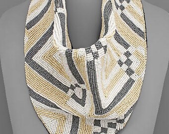 Ivory, Beige and Gray Square Pattern Beaded Scarf Necklace