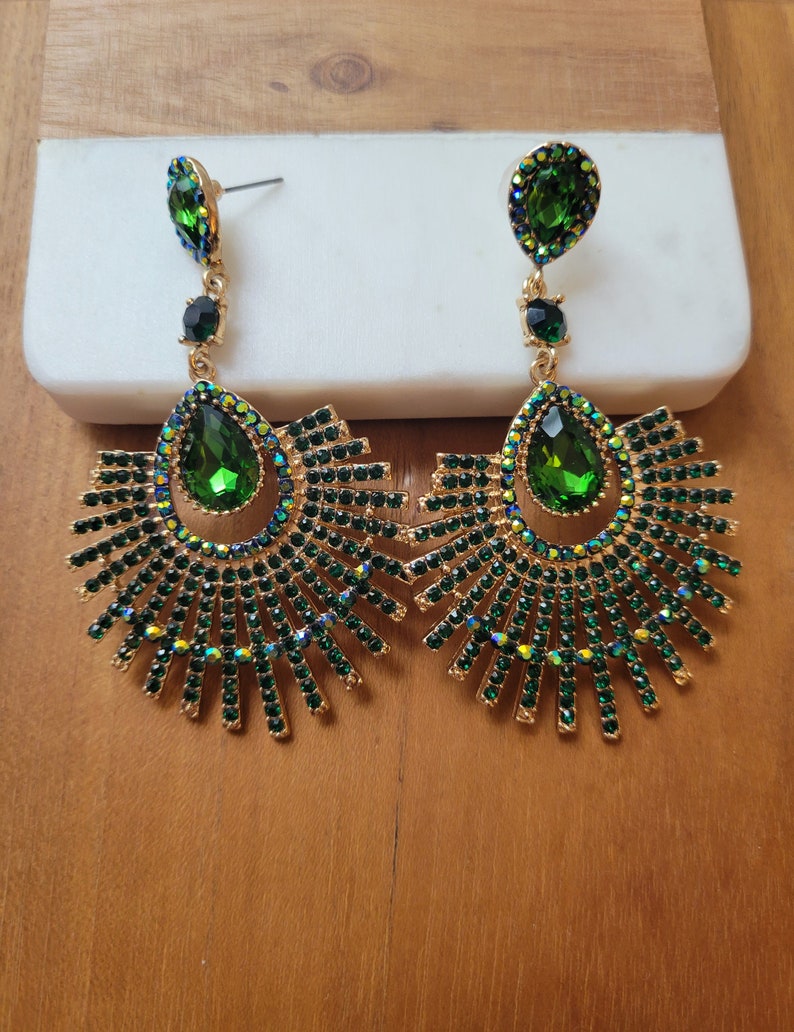 Emerald Art Deco Crystal Fan Earrings