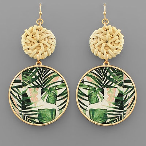 Tropical Leaf Leather & Wicker Earrings