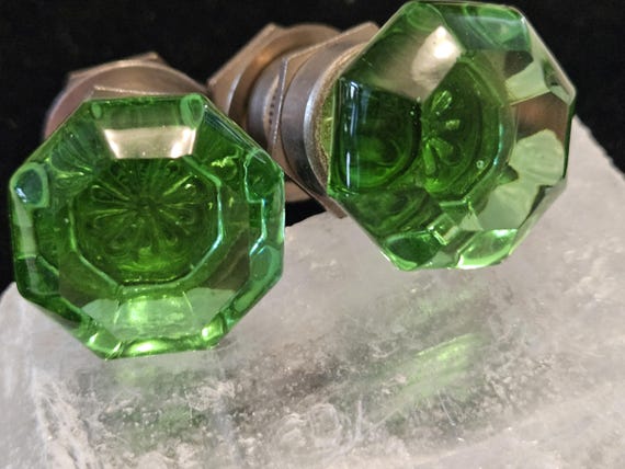 Antique cabinet knobs pulls Green Glass metal 194… - image 1