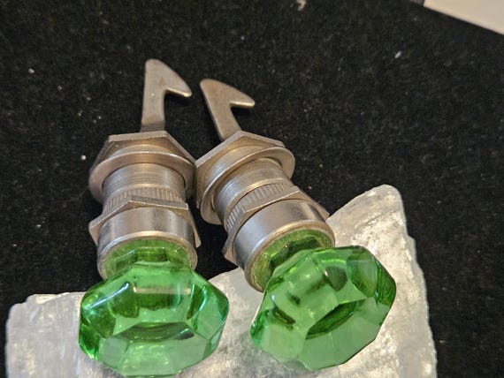 Antique cabinet knobs pulls Green Glass metal 194… - image 2