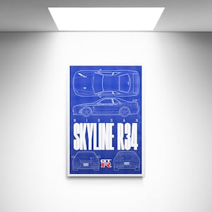 May include: A blue and white blueprint style illustration of a Nissan Skyline R34 GT-R car. The car is shown from multiple angles, including top, front, and rear views. The text "NISSAN SKYLINE R34" is printed in white letters on a blue background.