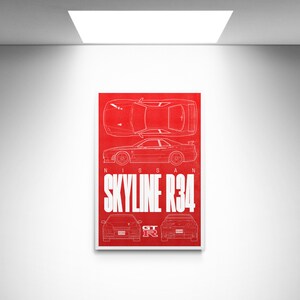 Może przedstawiać: Czerwony plakat z białym obrysem samochodu Nissan Skyline R34 w różnych widokach. Tekst "NISSAN SKYLINE R34" jest białymi literami na plakacie.