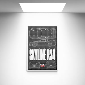 Nissan Skyline R34 GT-R JDM | Black | Blueprint Printable(PDF) | Digital Poster | Wall Art