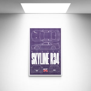 May include: A purple and white blueprint style poster featuring a Nissan Skyline R34 GT-R. The poster shows the car from different angles, including the front, side, and rear views.