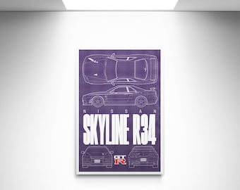 Nissan Skyline R34 GT-R JDM | Midnight Purple | Blueprint Printable(PDF) | Digital Poster | Wall Art