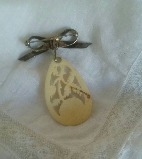 Dainty Brooch Celluloid Pin Carved Pendant Sterli… - image 3