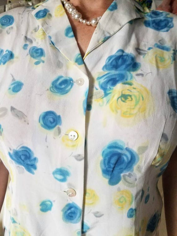 French Silk Floral Blouse Chemise Paris Find French Clothing SILK Blouse Size 10 Made in Paris Blue and Yellow Floral View 4
