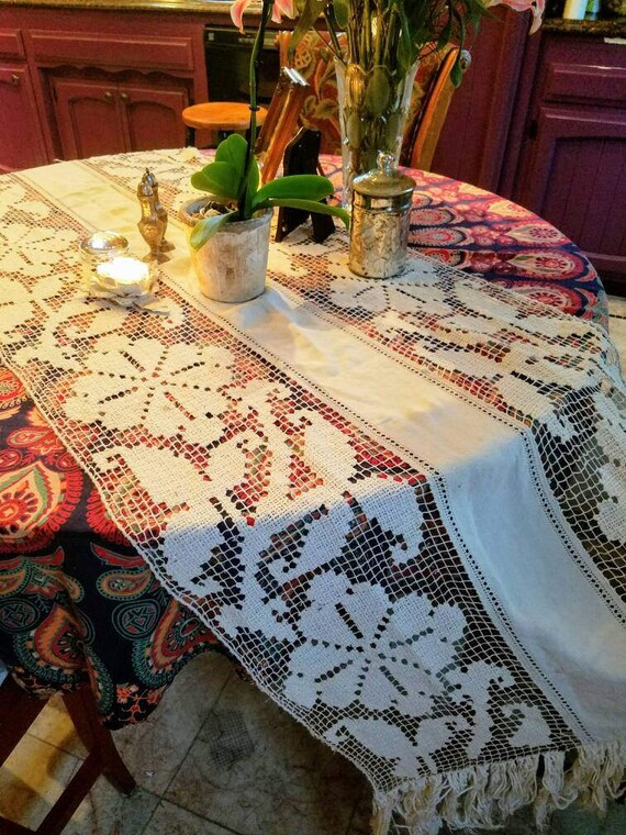 Rustic Linen Net Lace Table Runner 1920 S French Farmhouse Linens Shabby Kitchen Country Heirloom Quality Piano Scarf